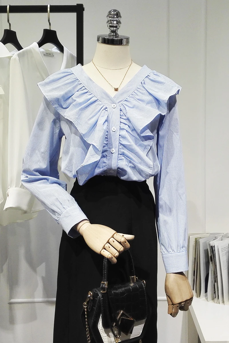 

Striped Shirt for Women 2021 Spring New V-neck Ruffled Design Blue Long Sleeve Blouse Loose Korean Style Fashion Tops Ladies