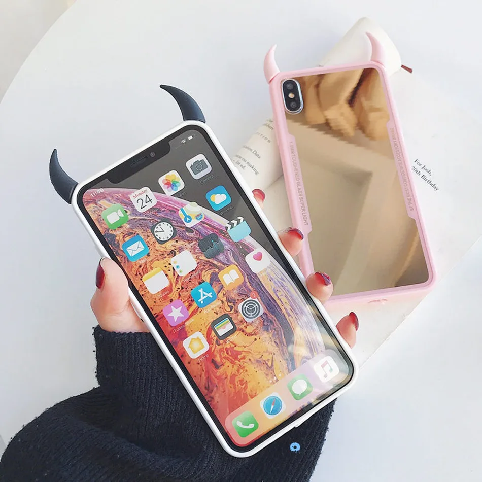 Чехол для iPhone 11 Pro Max, чехол для iPhone XR XS Max, милый 3D чехол с рогом дьявола для iPhone 7, 6s, 8 Plus, зеркальный карамельный чехол для телефона