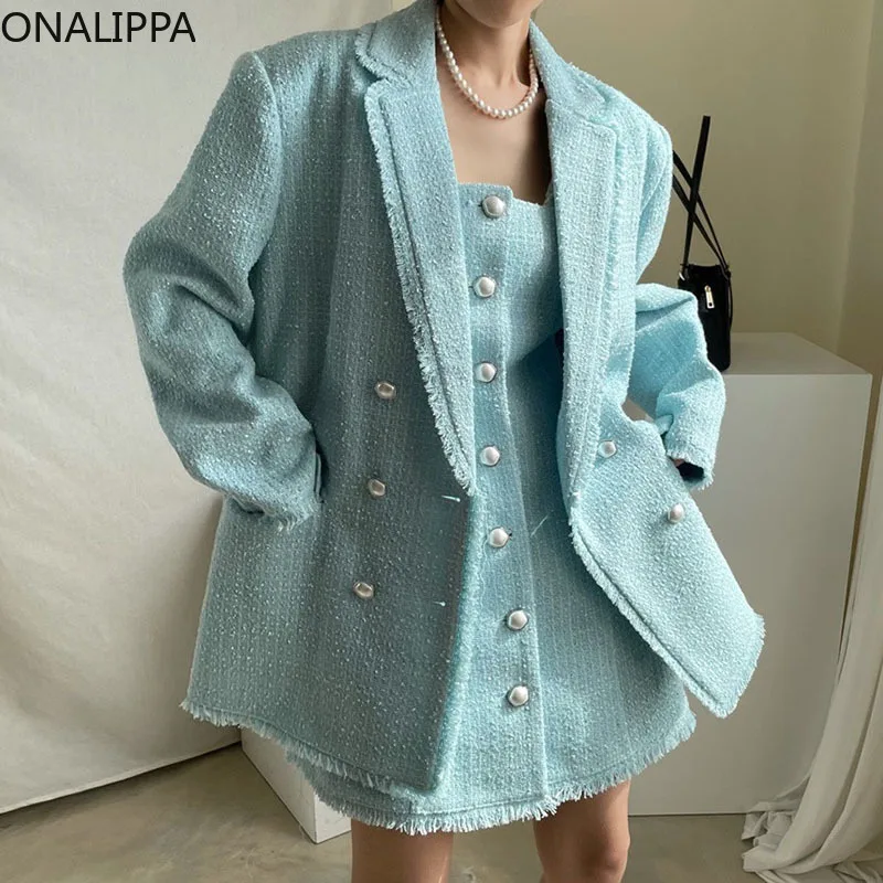 

Женский костюм Onalippa, элегантное шерстяное двубортное пальто во французском стиле с отложным воротником и жемчужной пряжкой на бретелях, ос...