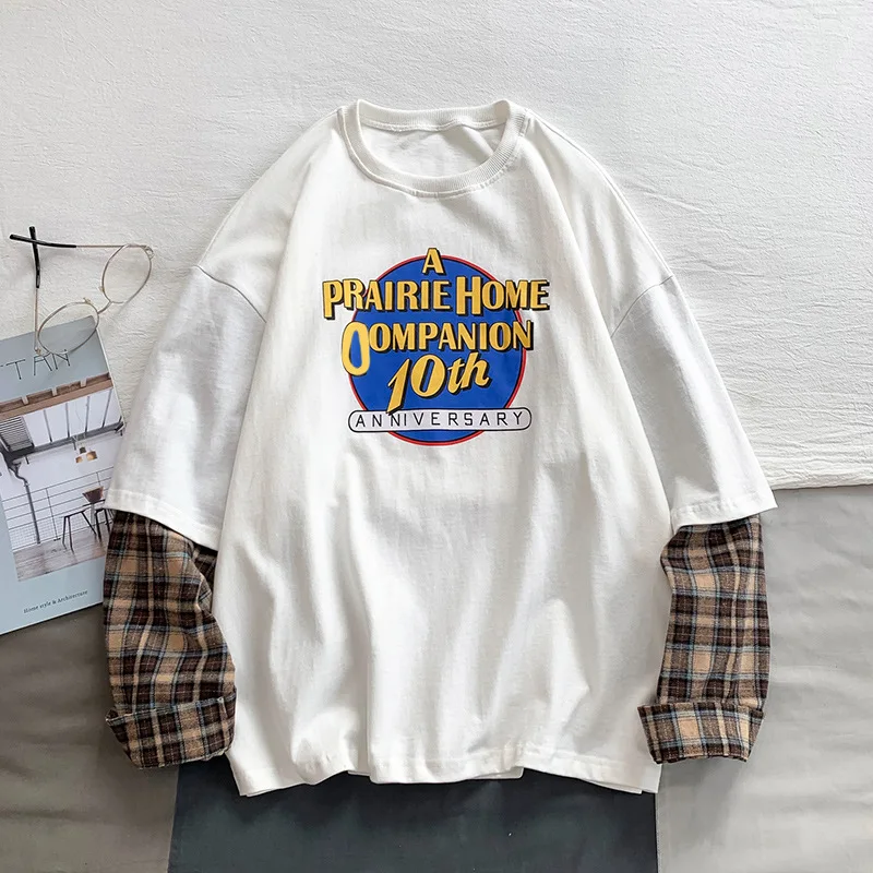 

Парные модели, Корейская Футболка с имитацией двух частей, с длинным рукавом, весна и осень, свободные толстовки, женские футболки, футболки,...