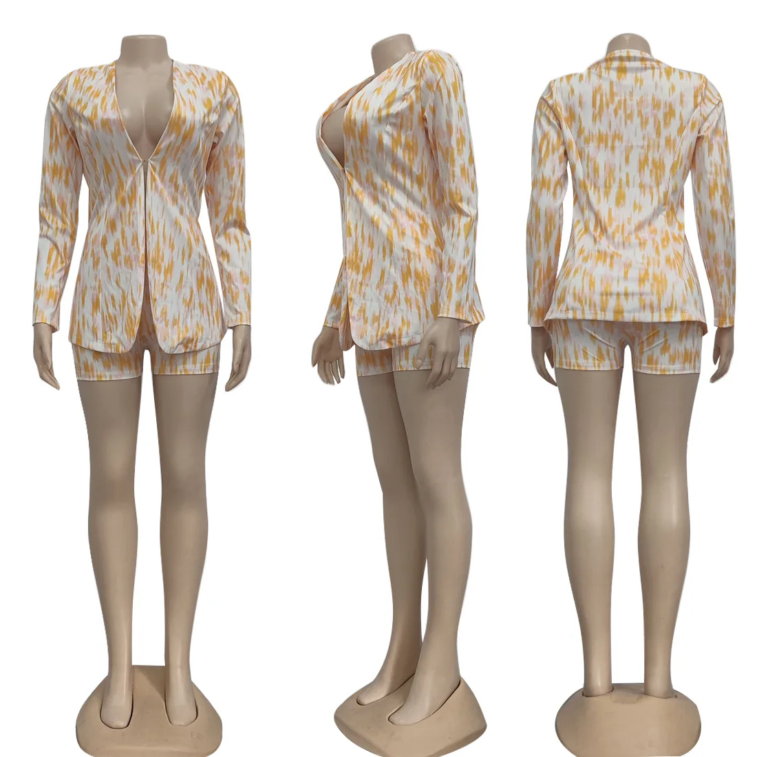 

Women Two Pieces Sets Printed Notched Lapel Collar Blazer & Bodycon Shorts