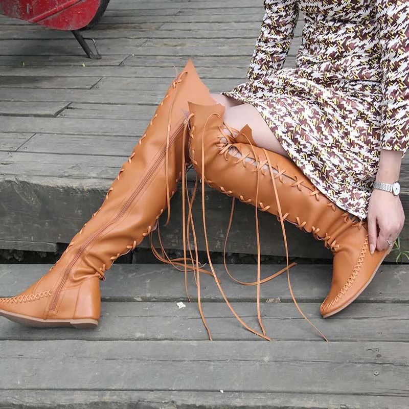 Новые осенние кожаные женские сапоги сексуальные выше колена на шнуровке