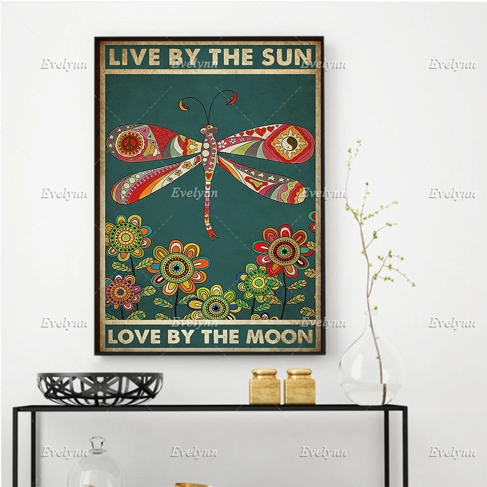 

Hippie Dragonfly Lovers Live By The Sun Love By The Moon Poster Bedroom Wall Art Home Decor Prints Wall Art Canvas Unique Gift