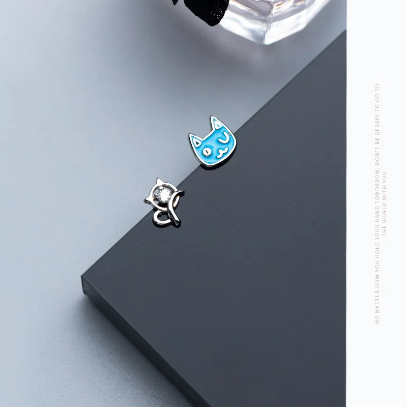 Trustdavis 100% 925 Solid Real Sterling Silver Women Fashion Asymmetric Cute Cat CZ Stud Earrings Daughter Girls Xmas Gift DA76 | Украшения
