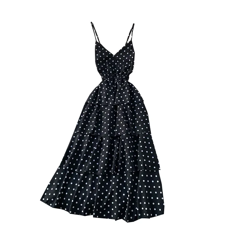

2021 summer new seaside holiday open back suspender long Polka Dot cake V-neck High Waist Chiffon Dress