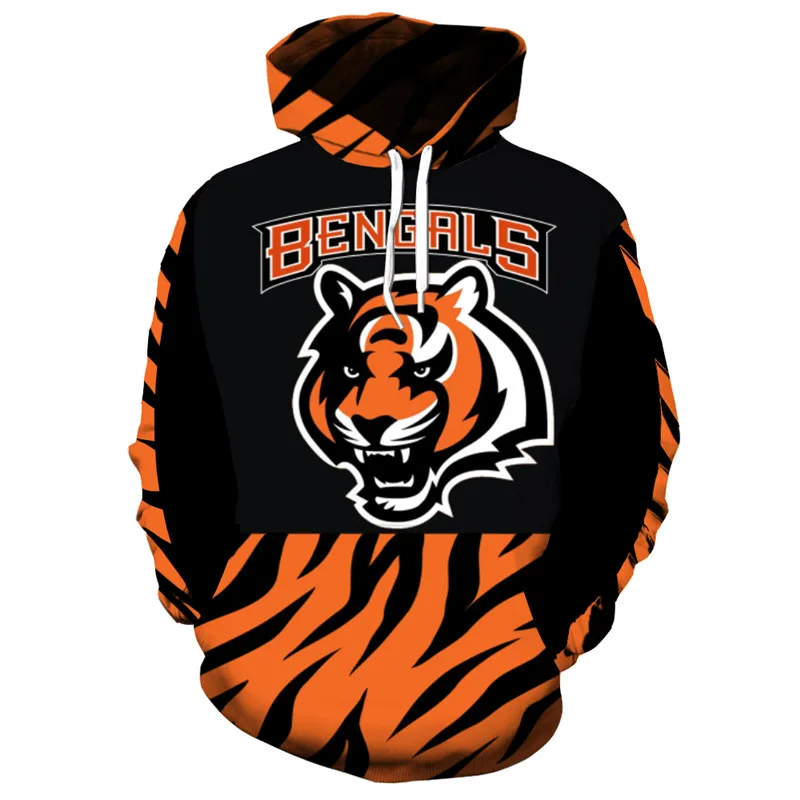 

Cincinnati men's long sleeve casual bengals hoodies stitch design cartoon tiger print 3d men's sweatshirt for fall and winter