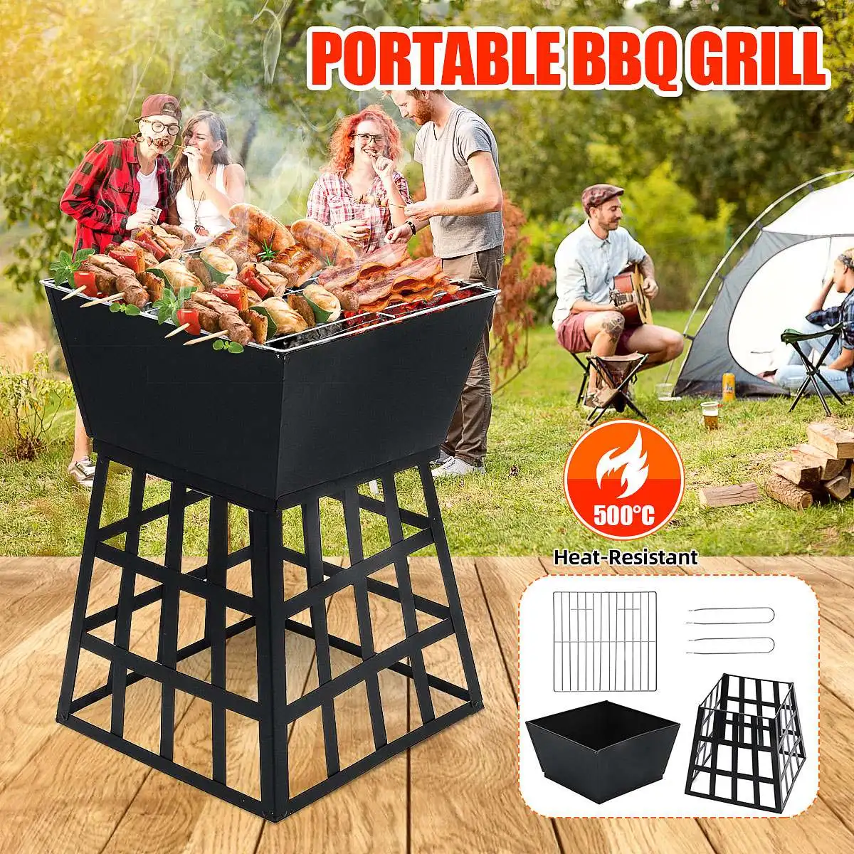 

Outdoor Garden Metal Charcoal Fire Pit 500°C Camping Fishing BBQ Burner Bowl Multifunction Removable Stove Barbecue Grill Stand