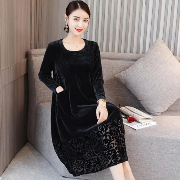 black plus size velvet autumn dress 2022 new long sleeve lace patchwork loose corduroy temperament winter dresses women AQ380 | Женская