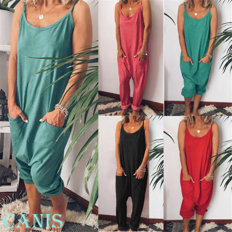 Хит продаж Модный женский свободный однотонный комбинезон на бретельках