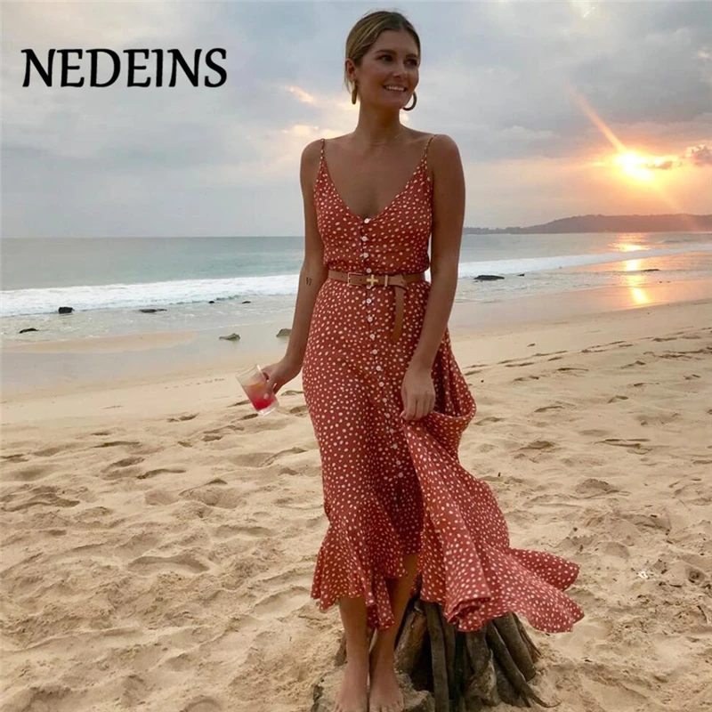 NEDEINS 2020 летние Пляжное длинное платье с v образным вырезом и рисунком оборками в