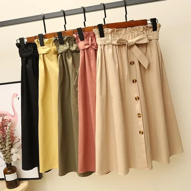 

Summer Autumn Skirts Womens Midi Knee Length Korean Elegant Button High Waist Skirt Female Pleated School Skirt casual Simple