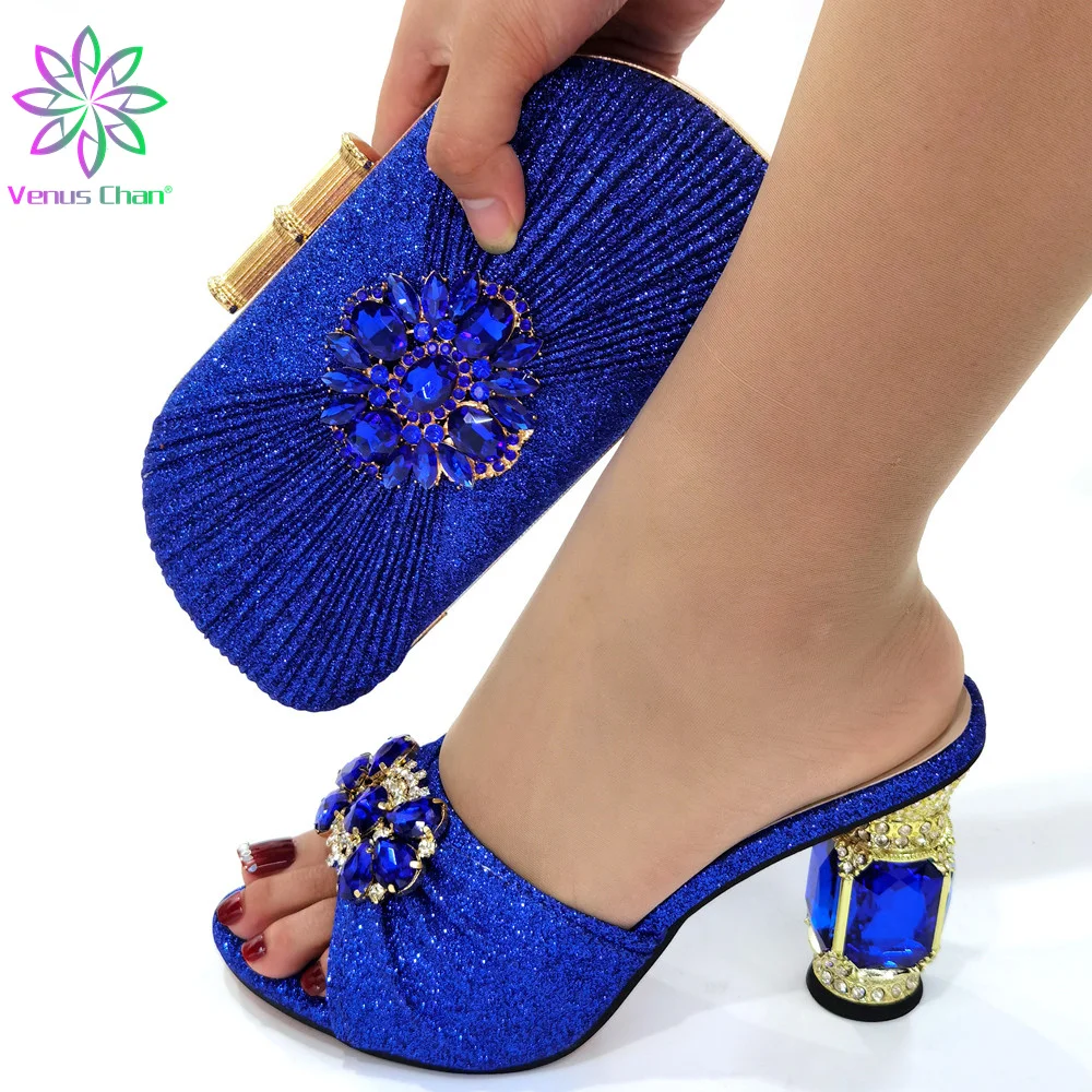 

Blue Color Elegant Style New Arrivals African Women Shoes and Bag Set Ladies Slingback Slippers with Shinning Crystal for Party