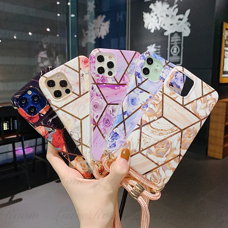

LierreRoom For Marble Stitching Rhombus Flower Crossbody Lanyard Suitable For IPhone 12 Pro And IPhone 11 XR SE2 Silicone Shell