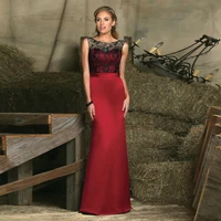 new elegant scoop neck red evening gown sleeveless sexy keyhole back lace satin long vestido longo mother of the bride dresses