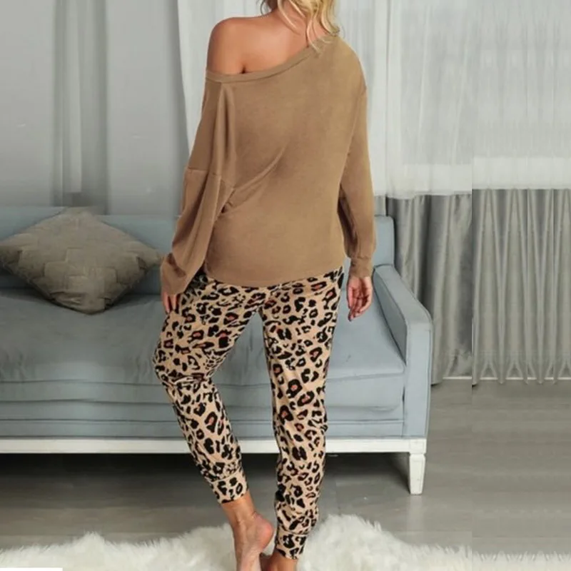 Женские леопардовые костюмы для дома Осенние повседневные футболки и спортивные