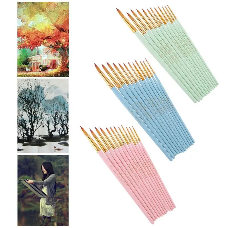 12Pcs Round Pointed Spike Tip Oil Painting Brushes Nylon Hair Artists Watercolor Paintbrushes Drawing Pen Tools Set | Канцтовары для