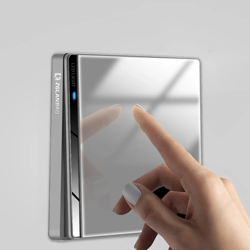 

250V 1/2/3/4gang 1/2way 86*86MM Classic Gray mirror tempered glass panel wall Switch with LED indicator light silver decorative