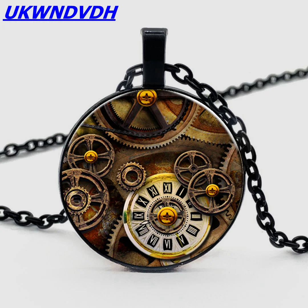 

Gear dial bump glass pendant punk style fashion necklace men and women chain