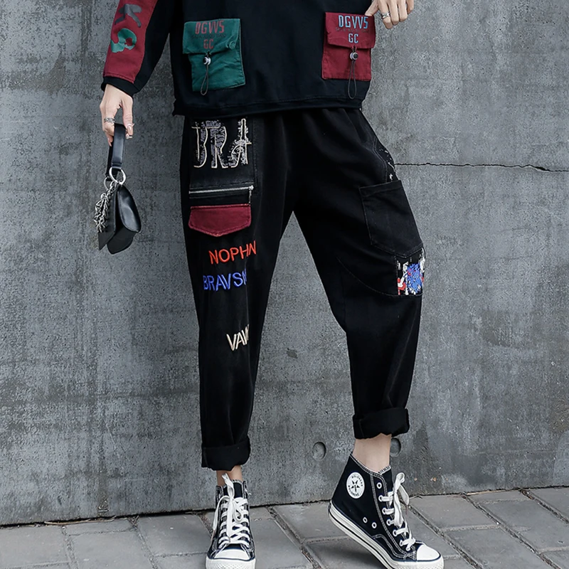 

SOUL OF TIGER Spring New Two Pieces Sets Girls Zippers Hooded Outfits Ladies Contrast Color Embroidery Tops And Punk Harem Pants