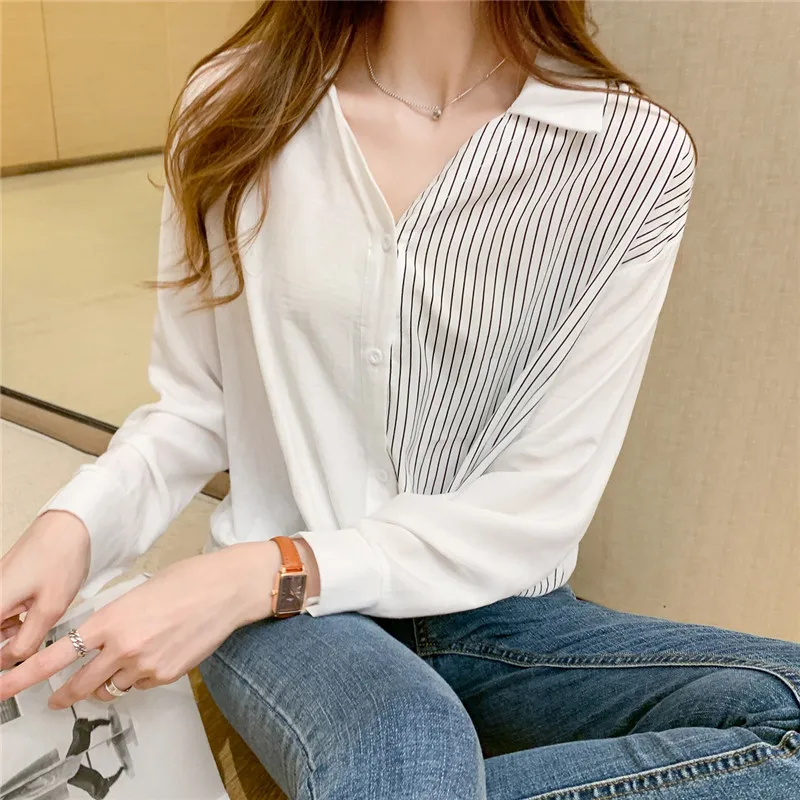 

POUNGDUDU 2021 Spring Women's Shirt Female Tops For Women's Blouse Strip Long Sleeve Gentle Elegant Office Lady Korean Clothing