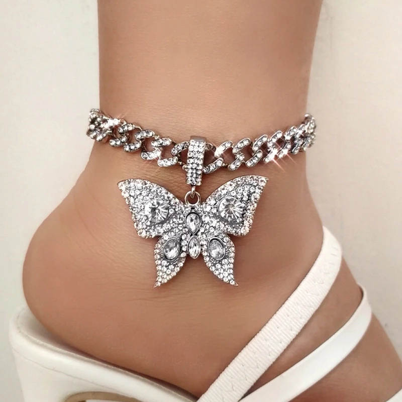 

Punk Hip Hop Iced Out Cuban Link Chain Anklets for Women Butterfly Rhinestone Chunky Anklet Bracelet on Leg Chain Foot Jewelry