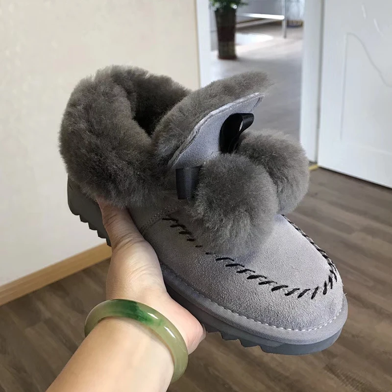 Light Grey Модные зимние сапоги из натуральной кожи; женская обувь; ботильоны на нескользящей резиновой подошве; натуральный мех; толстая шерсть; теплые зимние сапоги - Цвет: Light Grey