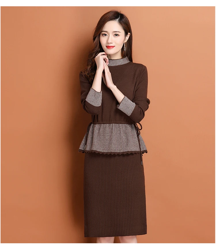 

Tricot Pullovers Dress Fall Winter Ladies Slim Fake Two Piece Knee-length Dresses Casual Straight Ribbed for Women Party Dress