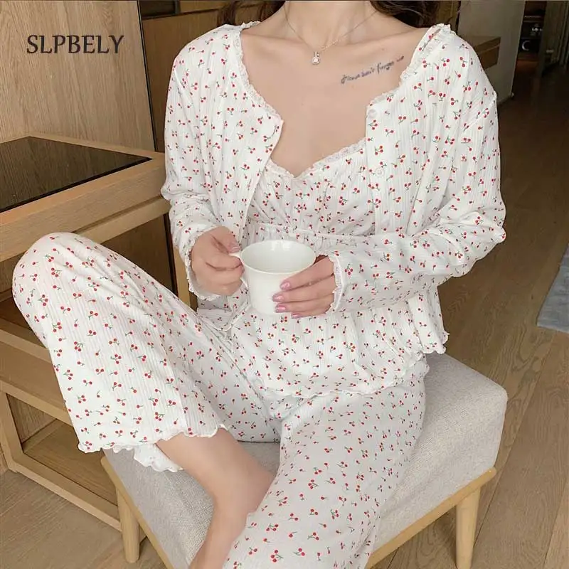 3 шт. Женский пижамный комплект SLPBELY Осенний Пижамный костюм с цветочным принтом и
