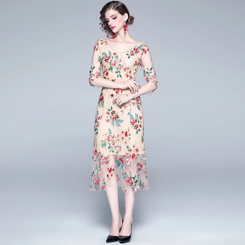 

COIGARSAM Vintage Lace Women dress Dresses Apricot 6553