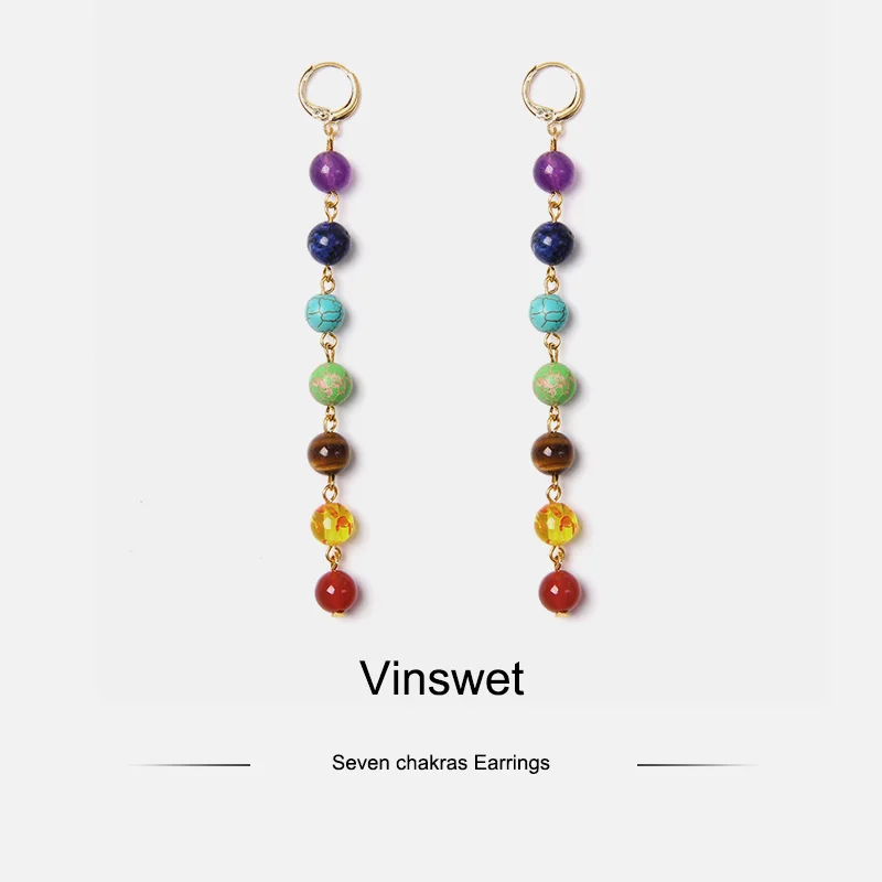 

7 Chakra colors stone bead long Drop Earrings Bohemia Dangle Reiki Healing women earring Vacation BOHO Jewelry gift dropshipping
