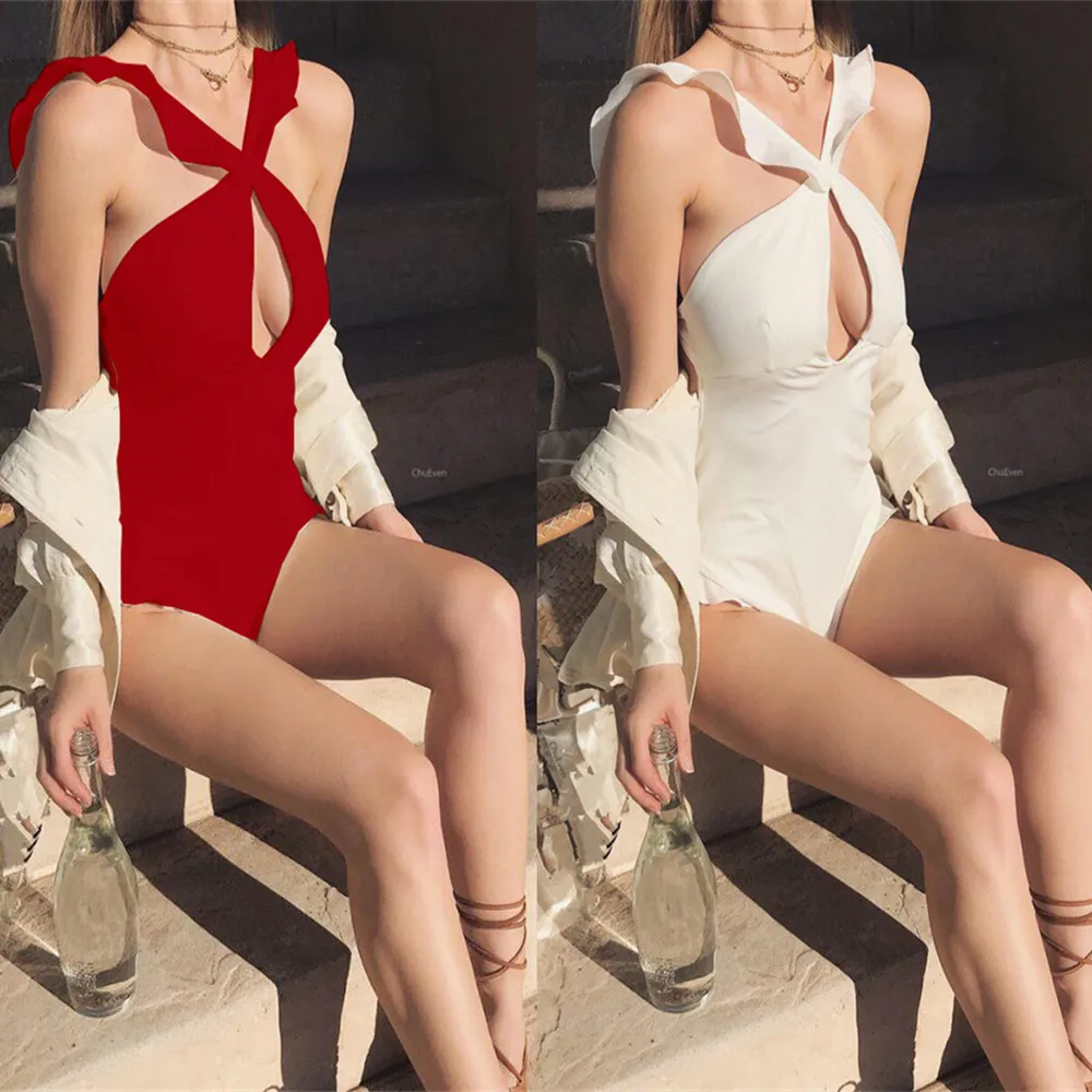 Новый сплошной купальник с оборкой и перекрестным воротником женский