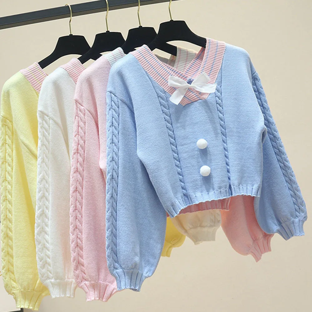 Женский трикотажный свитер с бантом белый винтажный пуловер V-образным вырезом и