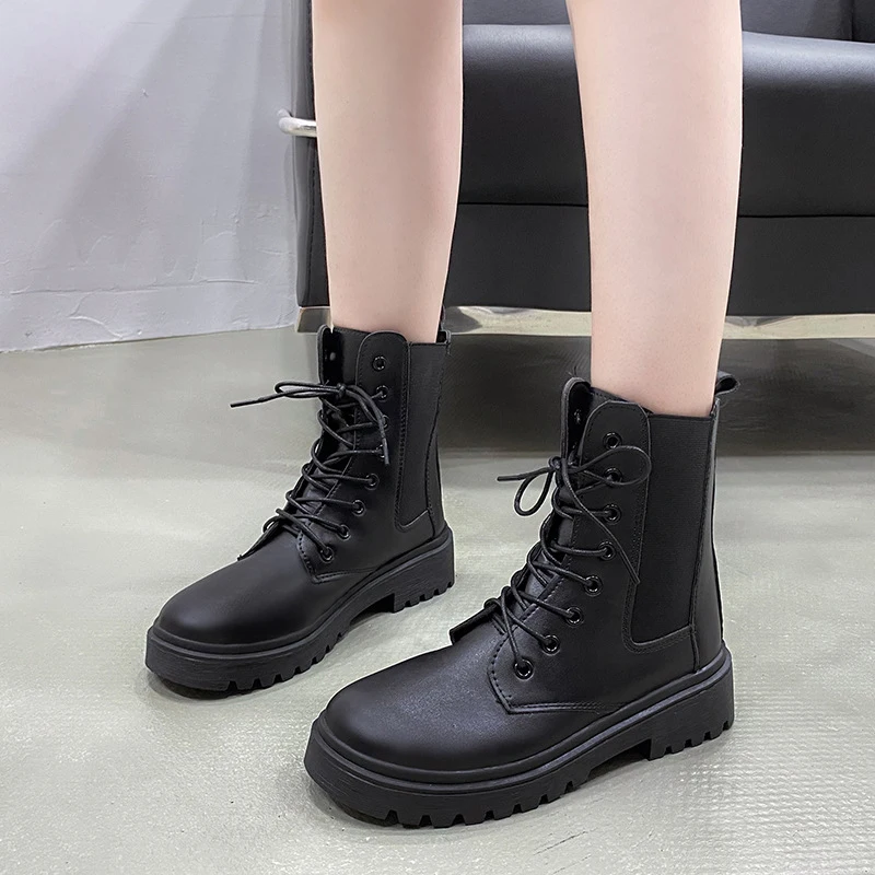 

2021 New Women's Lace-up Martin Boots Plus Velvet Warm Motorcycle Boots Low Heel Fashion Mid-calf Boots Trend Black Boots Сапоги