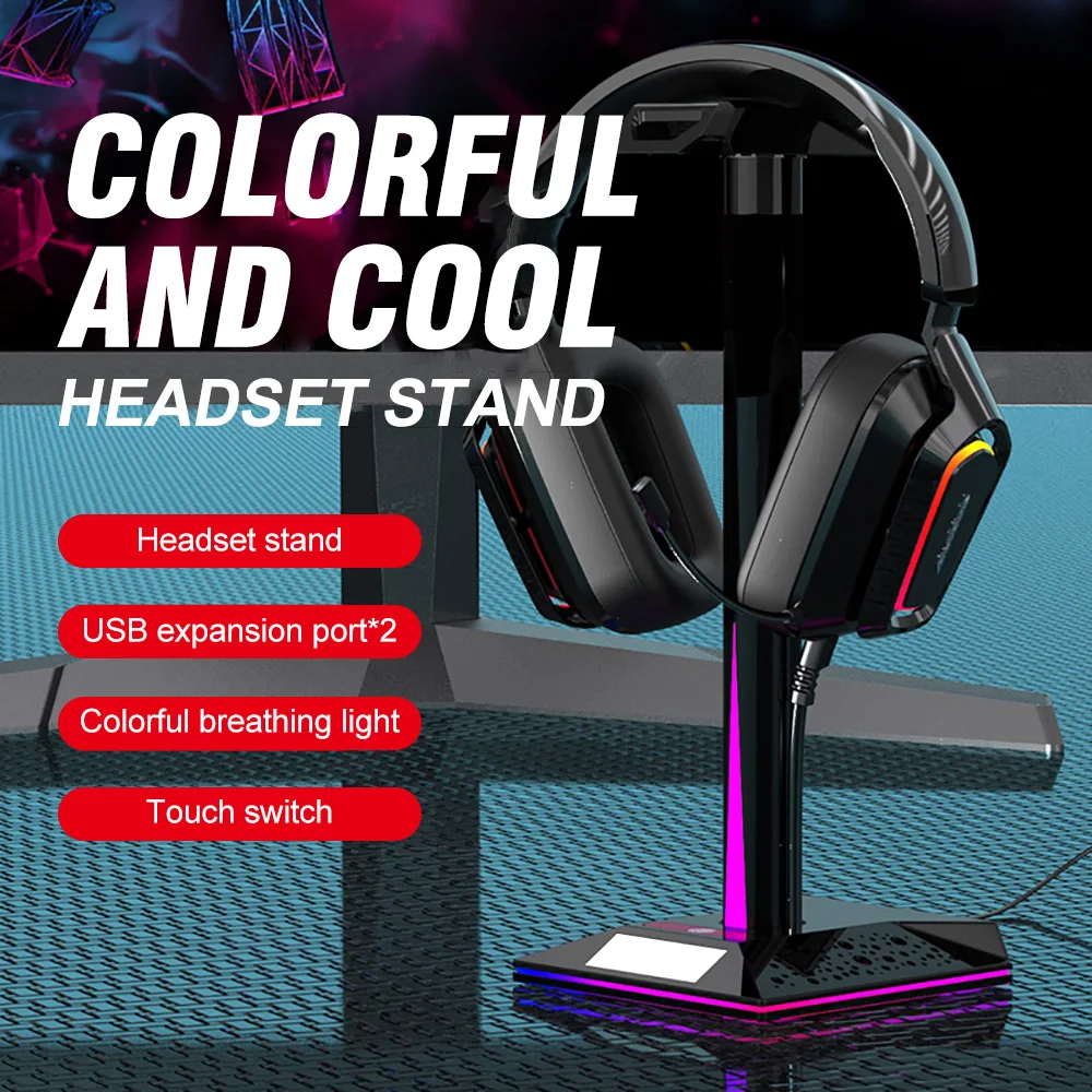 Подставка для гарнитуры RGB с USB-концентратором Светодиодная черная подставка