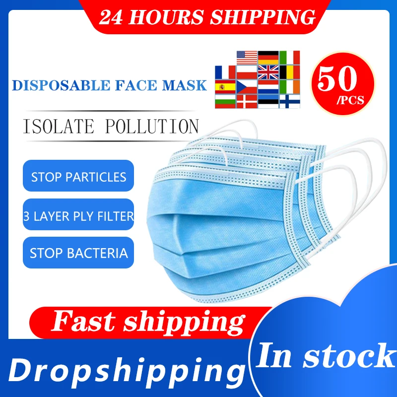 50pcs Non-woven Disposable 3 Layer Ply Filter Mask Safe Breathable Protective Anti-Dust Ear Loop Mouth Thickened Face Masks | Красота и