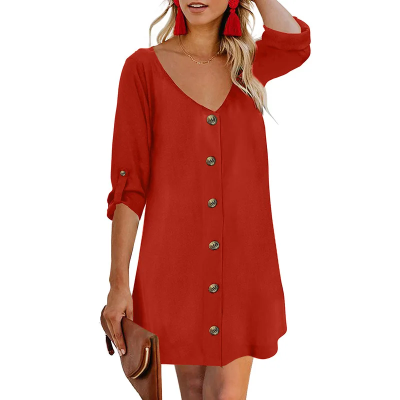 

European and American solid color single breasted dress women's spring high waist A-line skirt