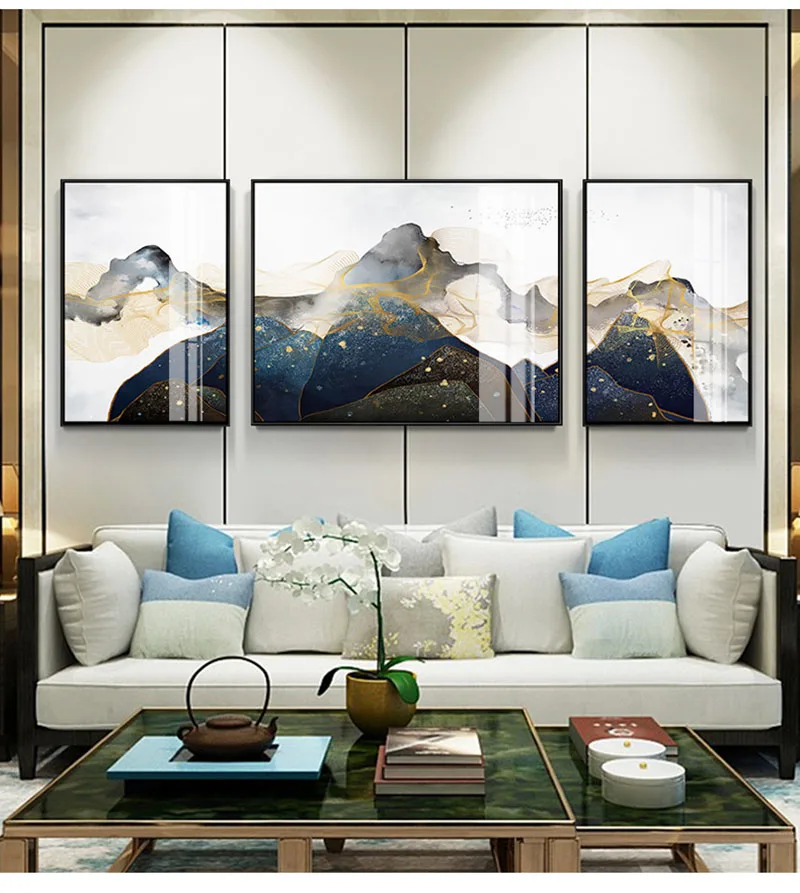 

Абстрактная луна, Современная трехсторонняя Настенная картина, Постер в китайском стиле, золотые горы, птицы, пейзаж, подвесная Картина на холсте для