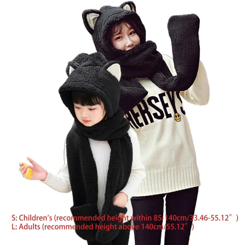 

Parent-Child Cute Cartoon Ears Winter 3 In 1 Scarf Hat Gloves Thicken Plush Warm Hoodie Earflap Beanie Cap Snood Wrap