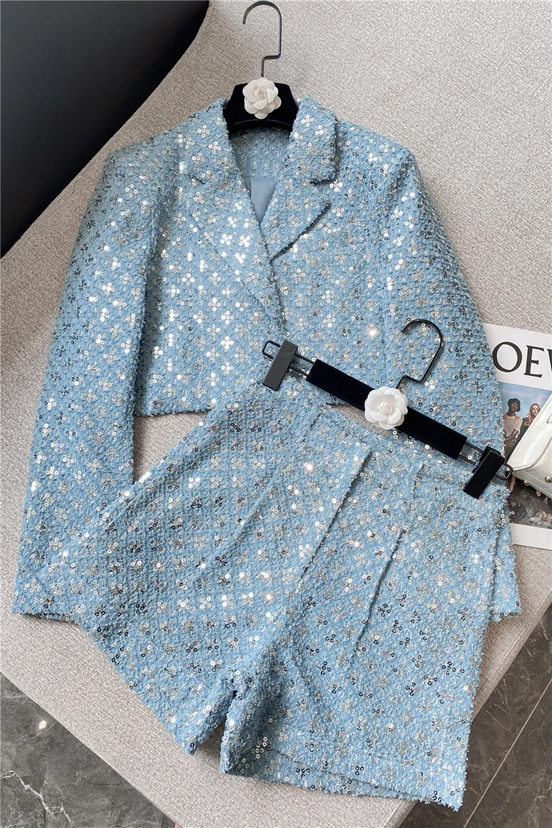 

2021 Autumn New Western Style Sequined Blue Blazer Suit High Waist Slimming Hot Pants Two-Piece Suit For Women