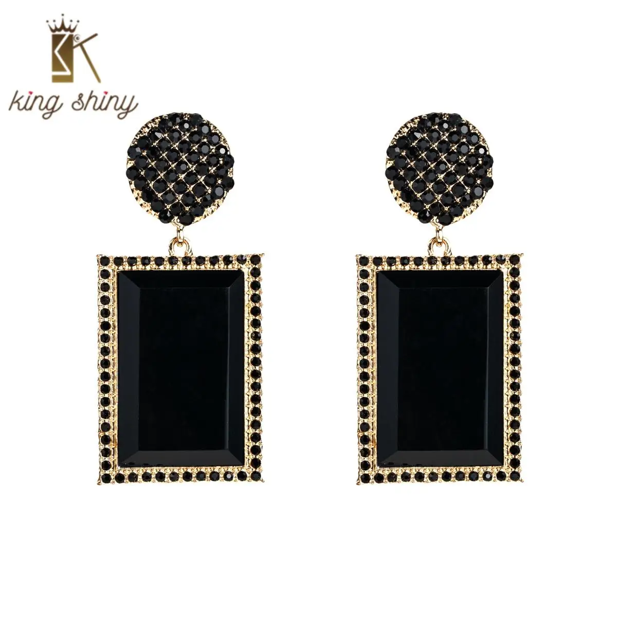 

2020 Za Brand Korean New Design Statement Dangle Earrings Luxury Gold Color Black Rhinestone and Crystal Geometric Drop Earrings