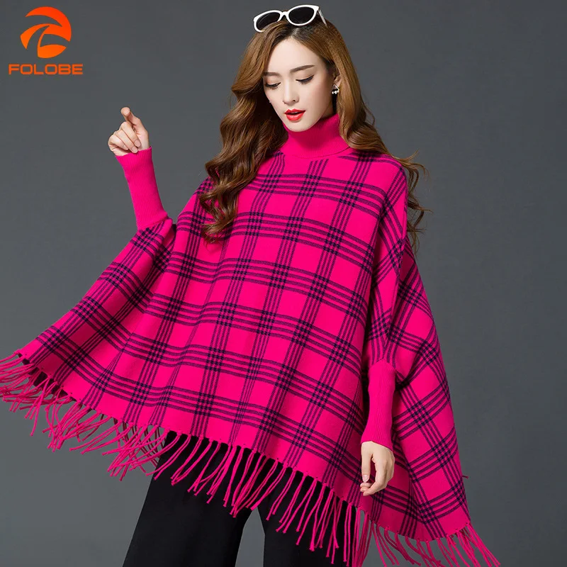 

2020 Spring New Loose Sweater High Neck Bat Sleeved Plaid Tassel Women fashion Cape and Poncho Black Fuchsia Red