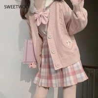 spring japan kawaii fashion pink cardigan women vintage crop knitted sweater cute bow heart korean jk school coat 2022