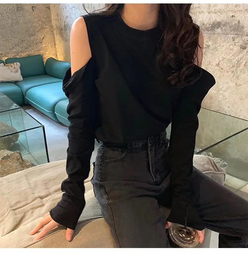 

Autumn loose Korean style long-sleeved short sweater women's tide ins thin hedging retro Hong Kong style chic off-shoulder top