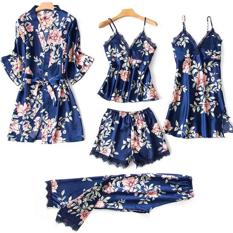 

2021 5PC Satin Sleepwear Women Nightgown Lace Imitated Silk Pajamas Set Women Strap Spring Summer Sleep Home Wear Loungewear