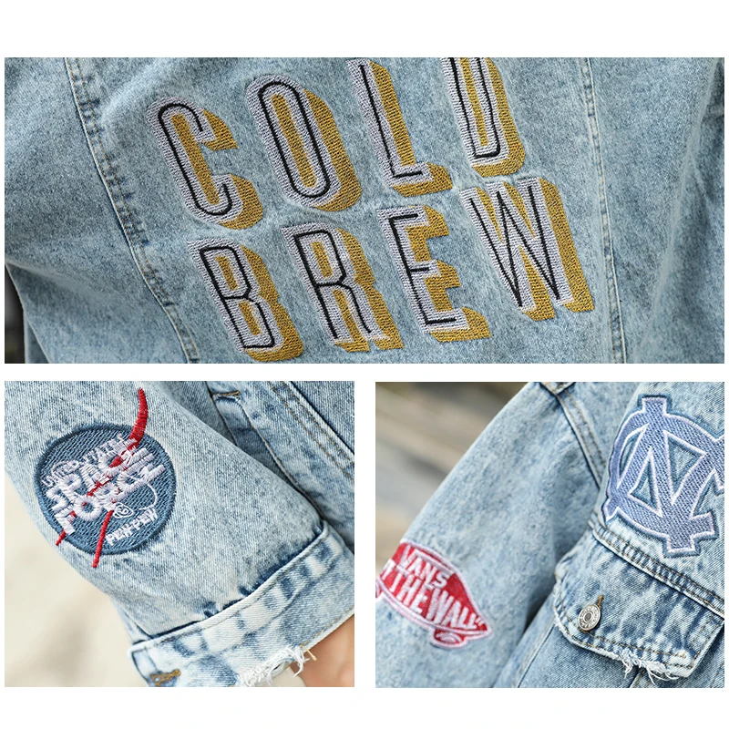 Ретро свободная длинная джинсовая куртка в стиле хип-хоп с вышитыми надписями