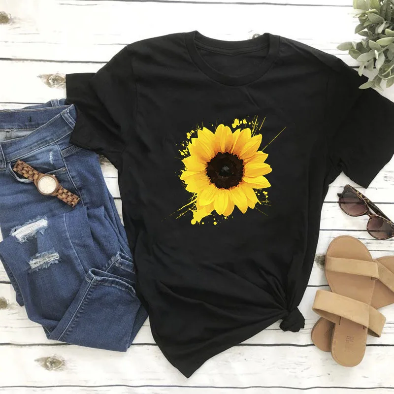 

2021 Women Graphic Cartoon Sunflower Floral Flower Lady Summer T-Shirt Shirt Tops Lady Womens Clothing Tee Female T Shirt