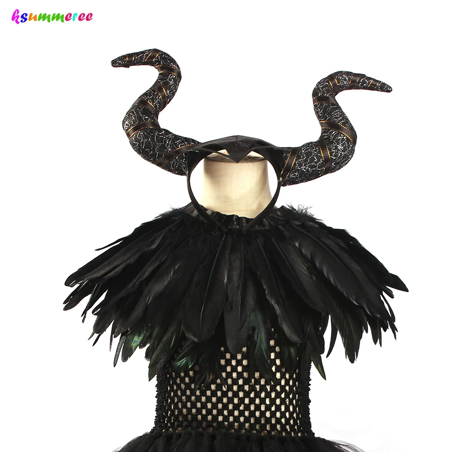 Girls Halloween Evil Witch Black Gown Tutu Dress with Feather Shawl Victorian Kids Dark Queen Villain Cosplay Fancy Costume