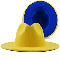 blue simple yellow patchwork wool felt jazz fedora hats with belt buckle men women wide brim panama cowboy trilby hat lxl
