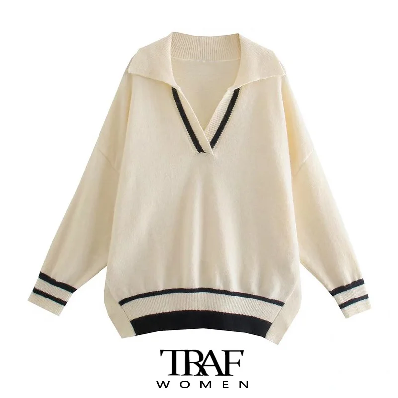 

TRAF Women Fashion Patchwork Loose Knitted Sweater Vintage Long Sleeve Side Vents Female Pullovers Chic Tops