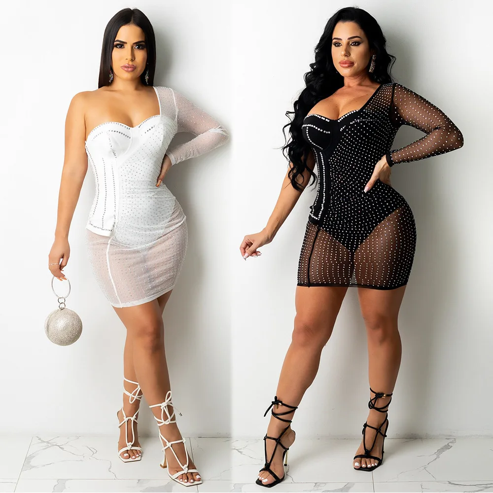 

Elegant Diamonds Sheer Mesh Mini Dress Women Sexy Strapless One Shoulder Long Sleeve Backless Bodycon Party Club Wear Vestidos